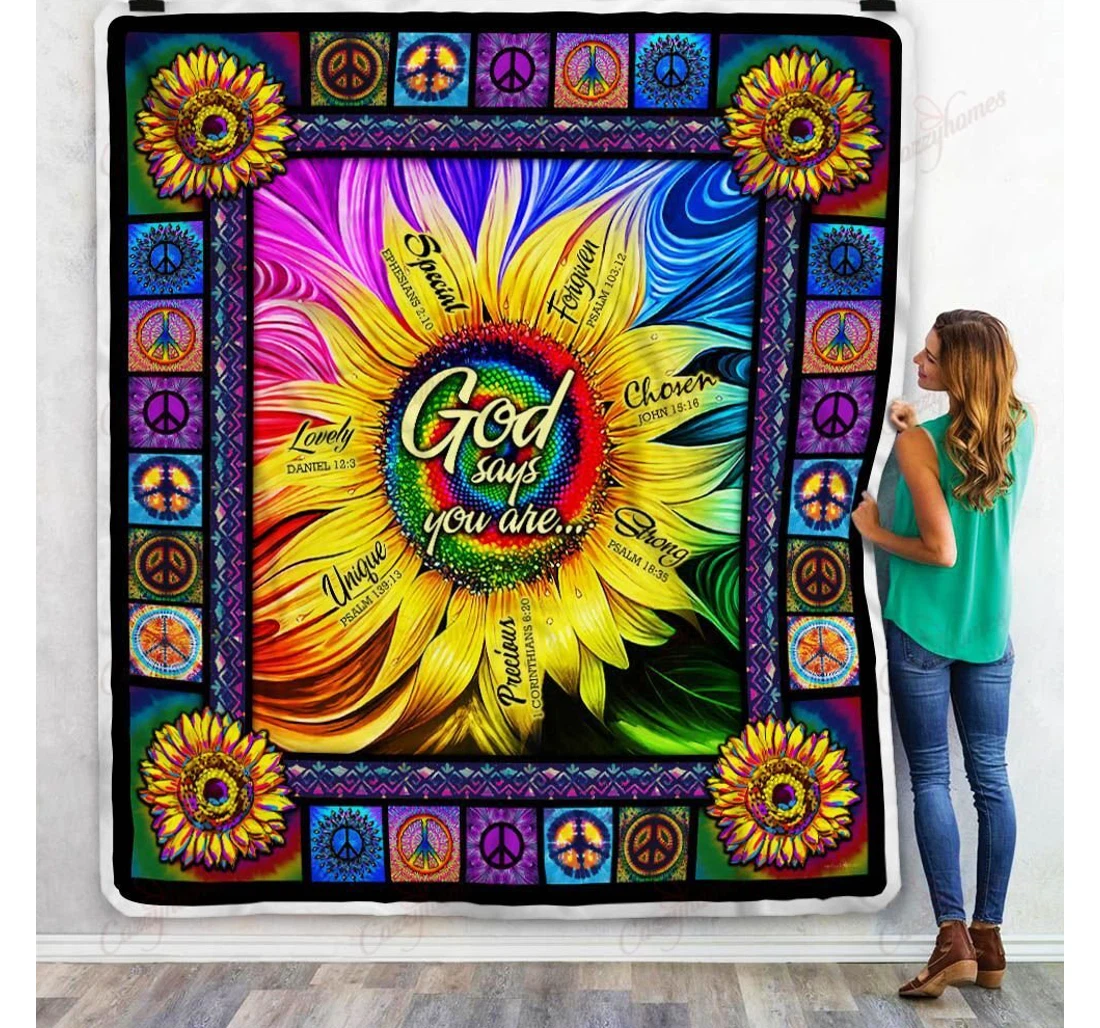 Throw Blanket, Quilt - Hippie Sunflower God Says You Are Sherpa Fleece