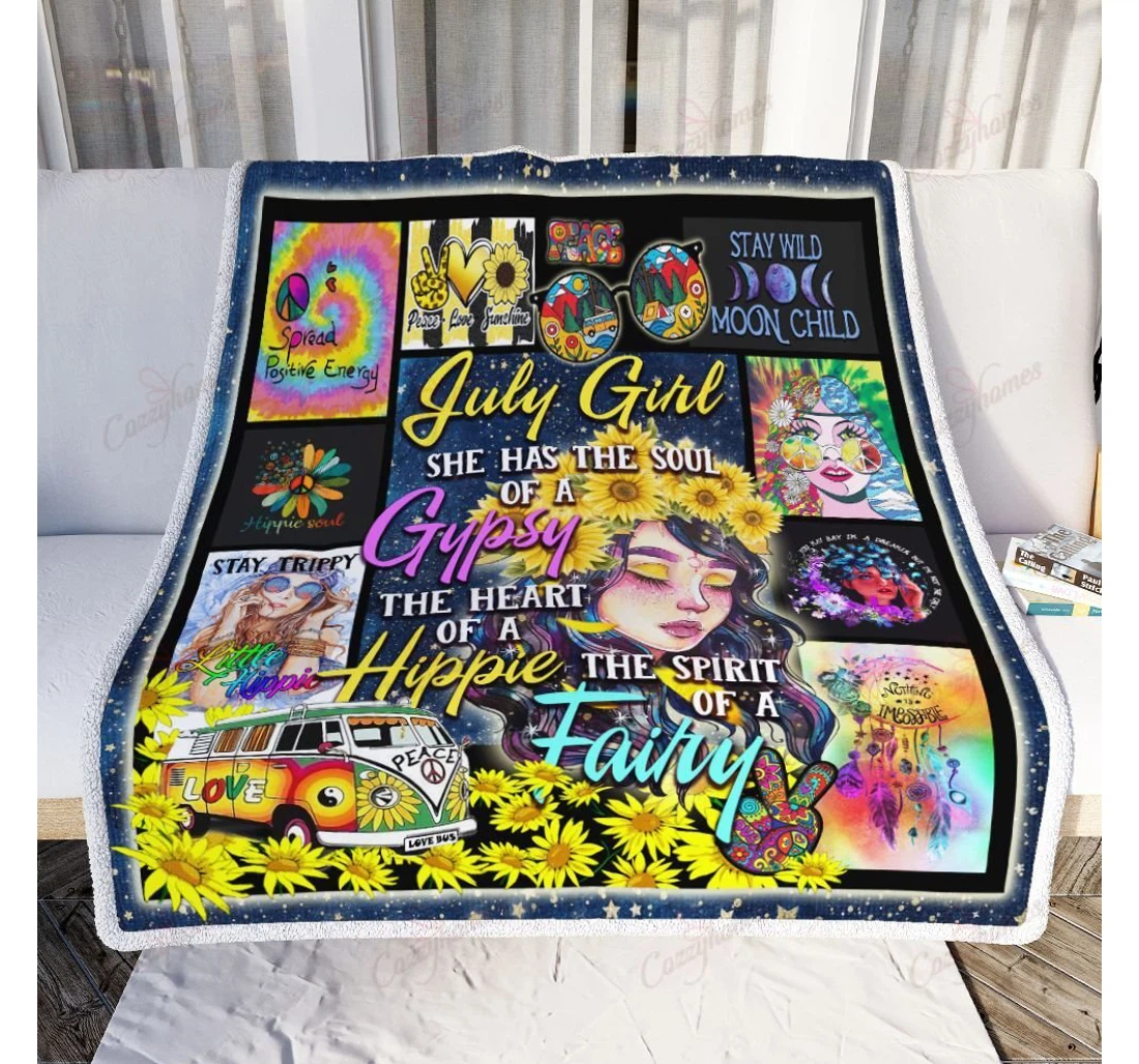 Throw Blanket, Quilt - July Girl She Has The Soul Of A Gypsy Hippie Sherpa Fleece