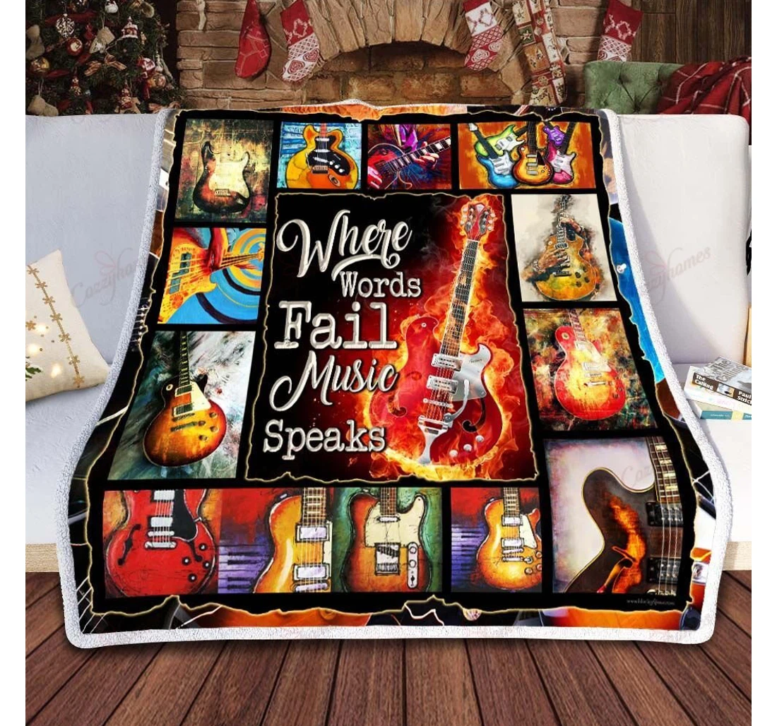 Throw Blanket, Quilt - Electric Guitar Where Words Fail Music Speaks Sherpa Fleece