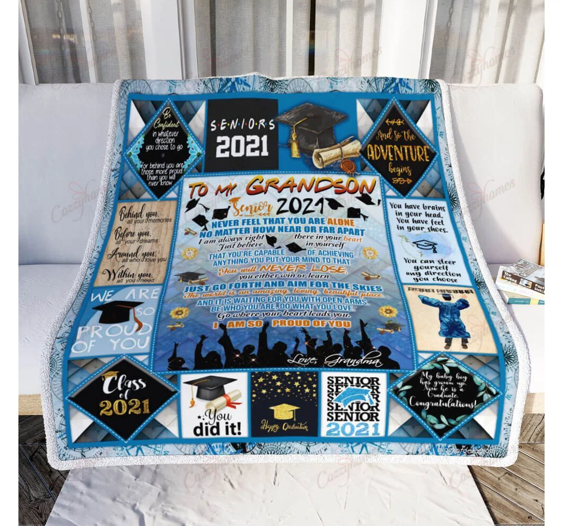 Throw Blanket, Quilt - My Grandson Senior 2021 Happy Graduation Sherpa Fleece