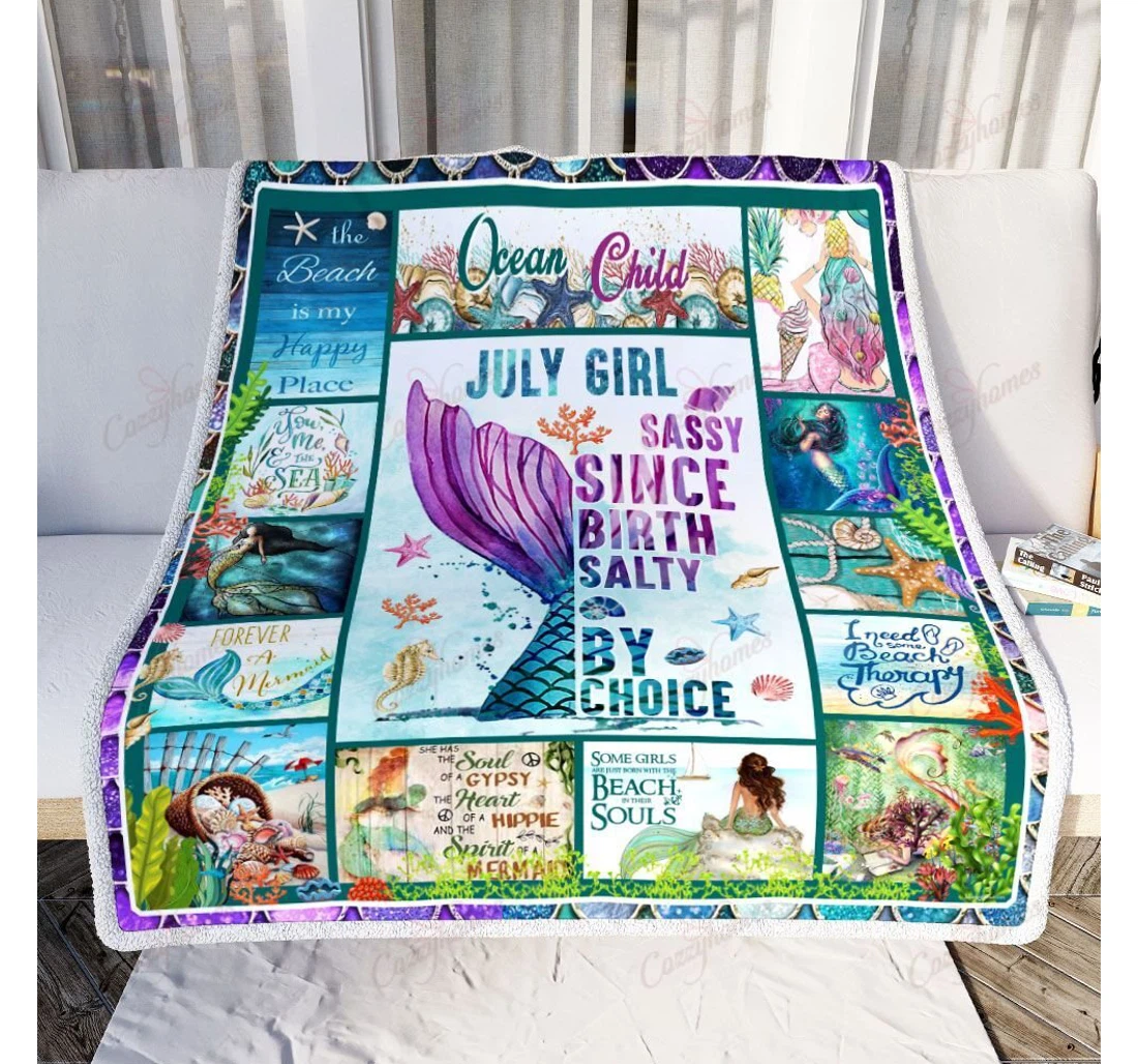 Throw Blanket, Quilt - July Girl Mermaid Ocean Child Sherpa Fleece