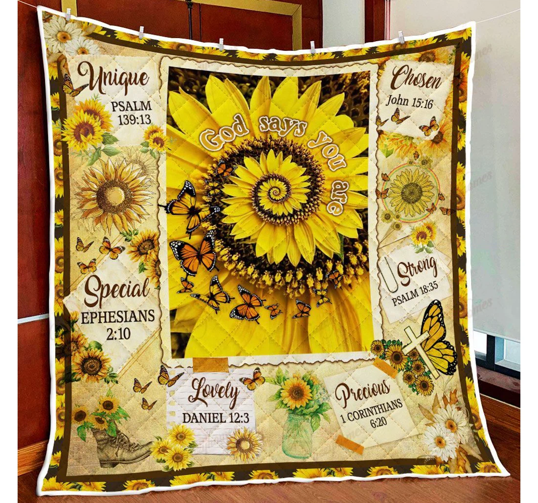 Throw Blanket, Quilt - God Says You Are Unique Special Lovely Precious Sunflower Sherpa Fleece