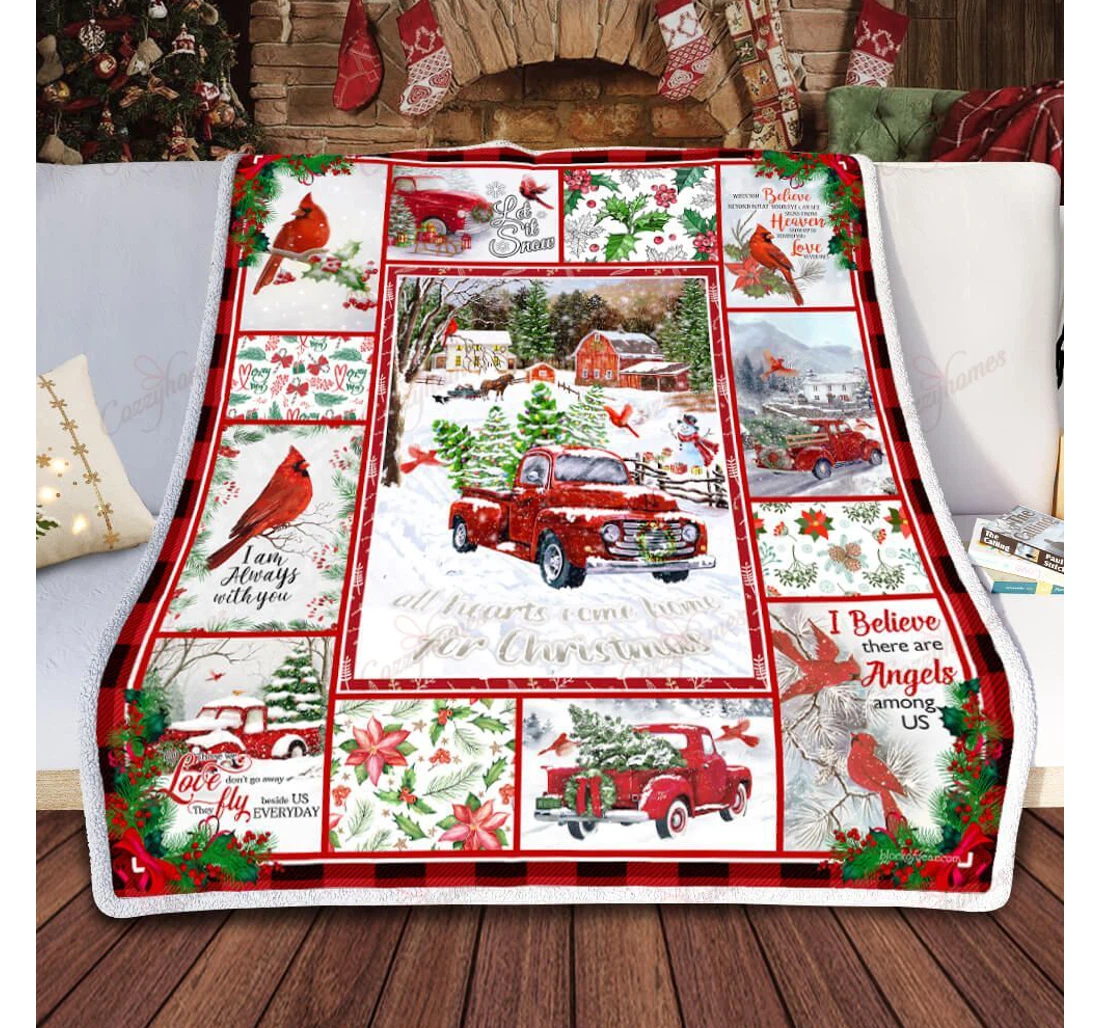 Throw Blanket, Quilt - Cardinals All Hearts Come Home Red Truck Sherpa Fleece