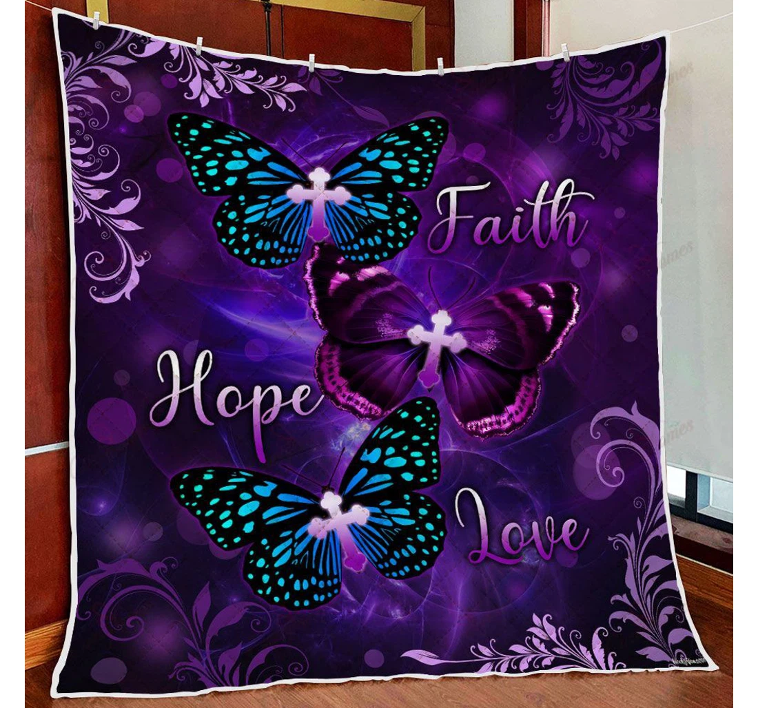 Throw Blanket, Quilt - God Faith Hope Love Butterfly Sherpa Fleece