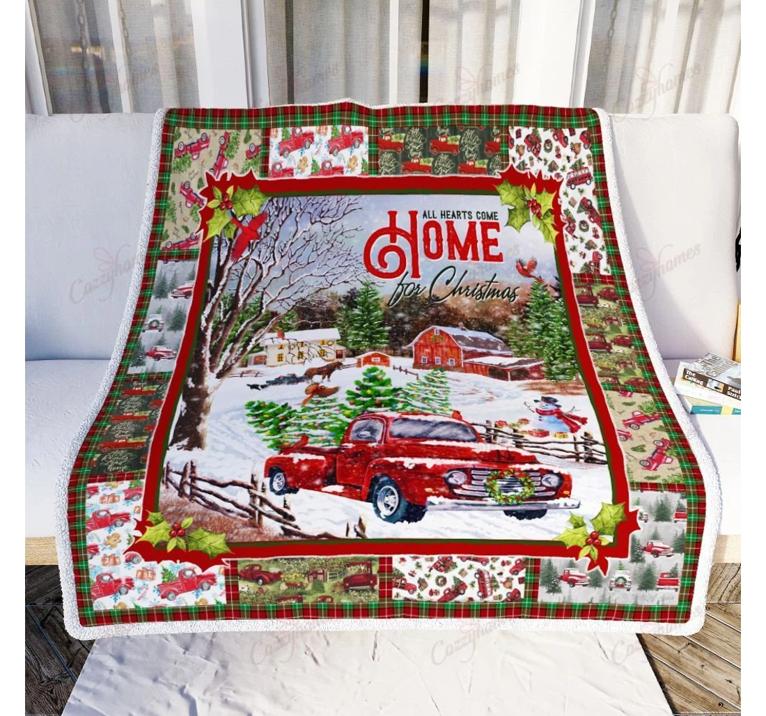 Throw Blanket, Quilt - Red Truck All Hearts Come Home Sherpa Fleece