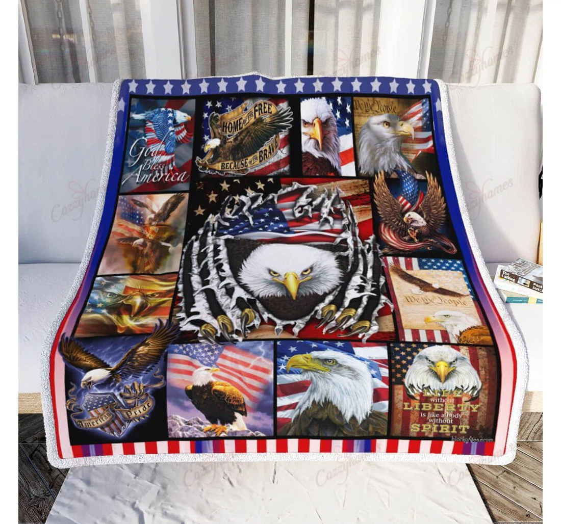 Throw Blanket, Quilt - Eagle American Pride God Bless America Sherpa Fleece