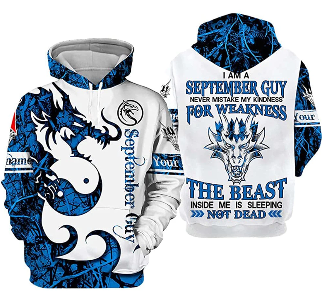 Personalized Name And Month September Guy Blue & White Dragon Never Mistake My Kindness Weakness - 3D Printed Pullover Hoodie