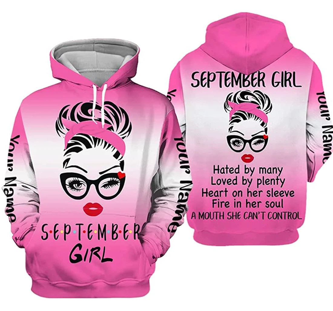 Personalized Name And Month September Girl Face Wink Eye Pink Color Hated By Many Loved By Plenty - 3D Printed Pullover Hoodie