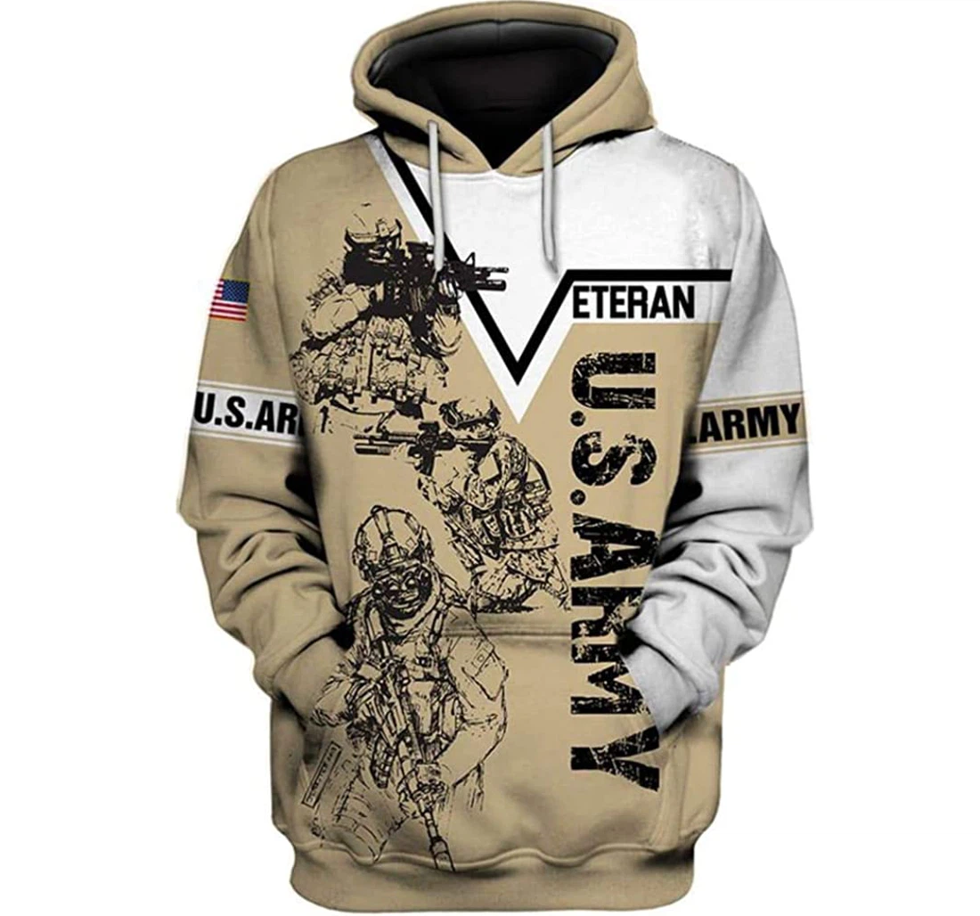 Us Army Veteran America Flag Art Beige And White Background Included - 3D Printed Pullover Hoodie