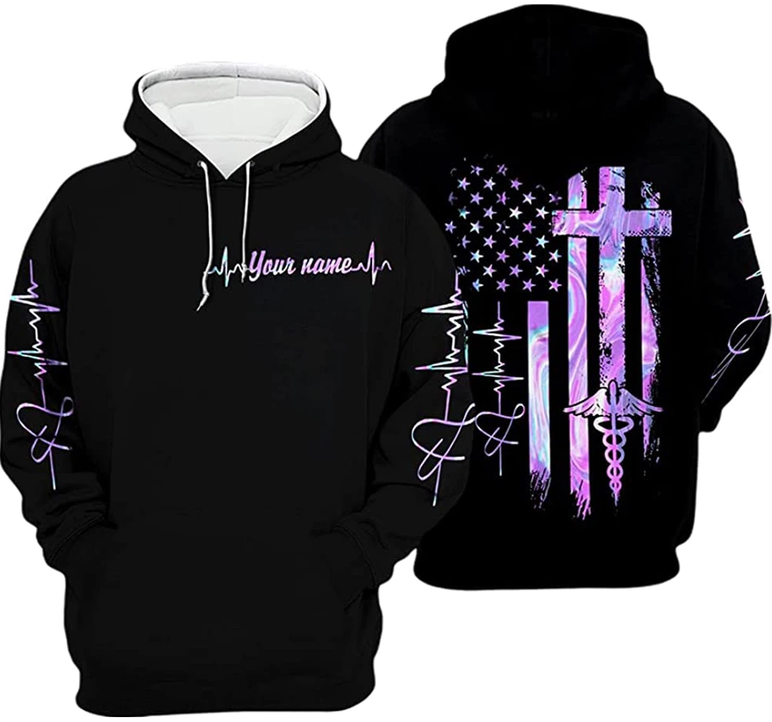 Personalized Name Nurse Cross Caduseus Hologram Flag Included - 3D Printed Pullover Hoodie