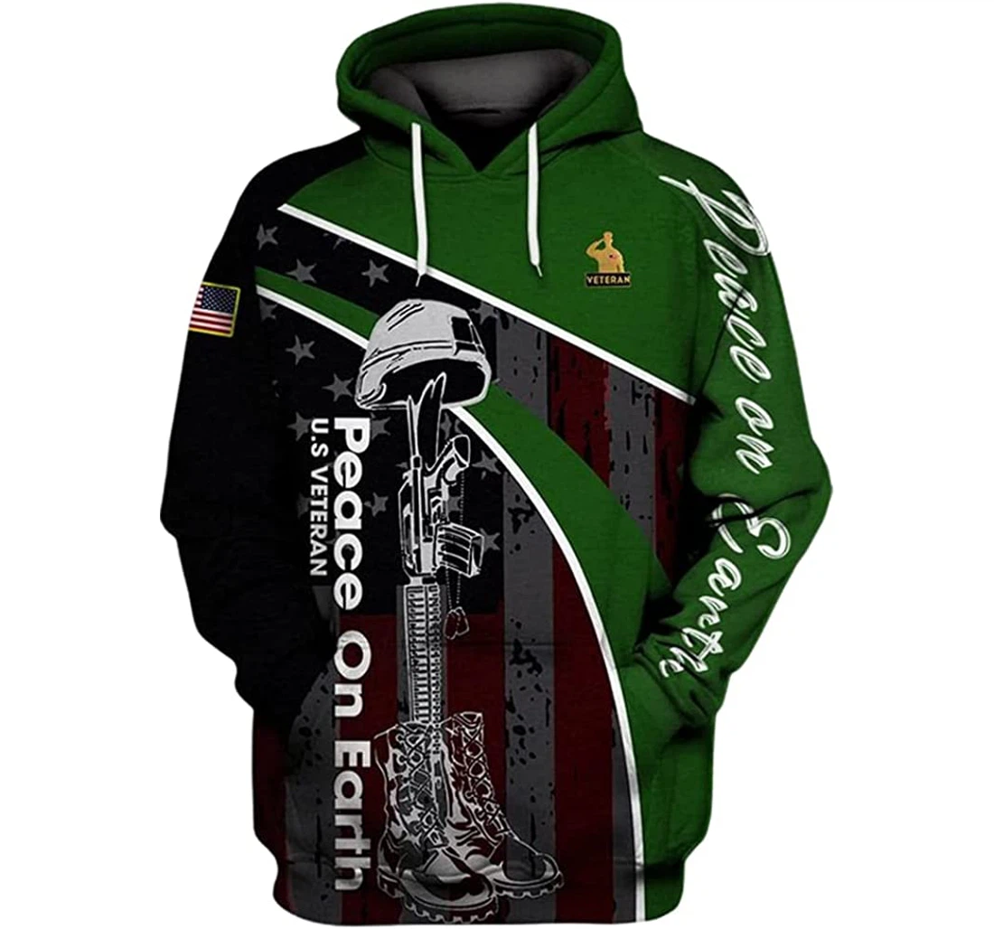 Us Veteran Peace On Earth America Flag Included - 3D Printed Pullover Hoodie