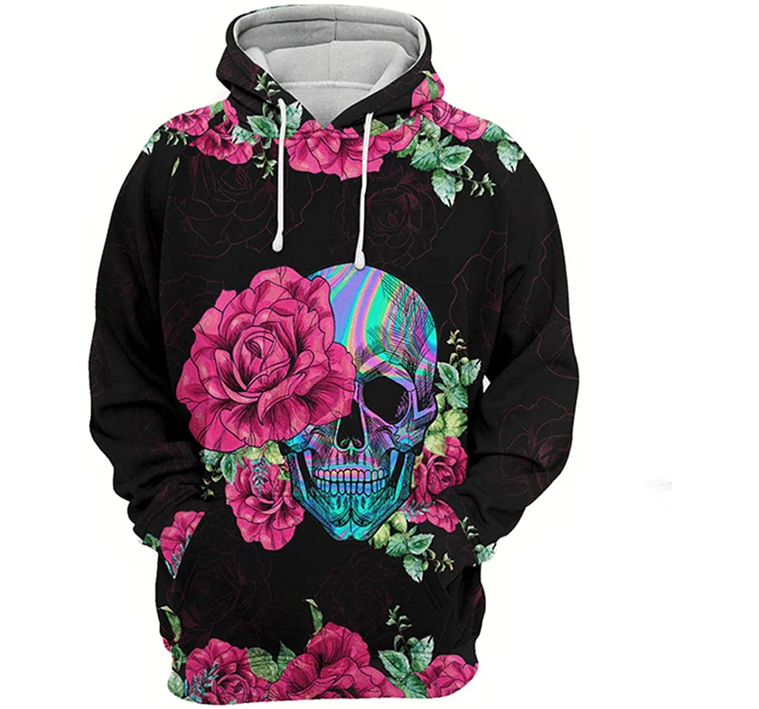 Skull Pink On Flower Hologram - 3D Printed Pullover Hoodie