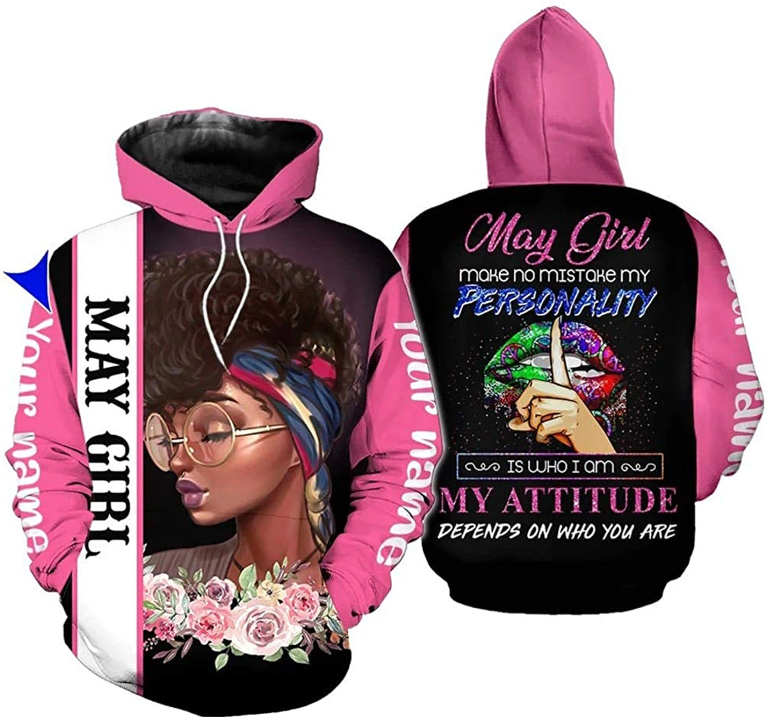 Personalized Name May Girl Flower My Personality Is Who I Am Make No Mistake - 3D Printed Pullover Hoodie