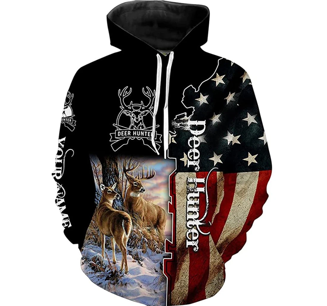 Personalized Name Deer Hunter America Flag Us Flag Deer Art Included - 3D Printed Pullover Hoodie