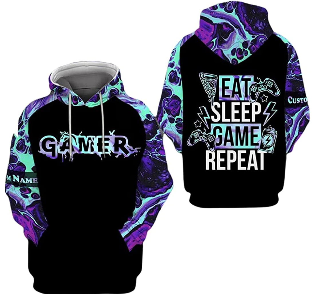 Personalized Name Gamer Eat Sleep Game Repeat - 3D Printed Pullover Hoodie