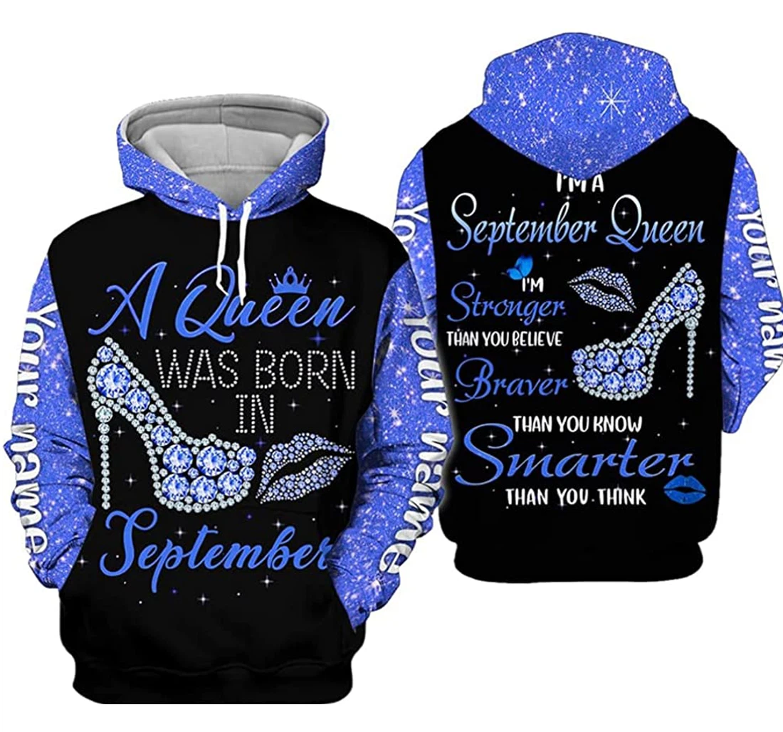 Personalized Name And Month September Girl Queen Blue High Heel Im Stronger Than You Believe - 3D Printed Pullover Hoodie