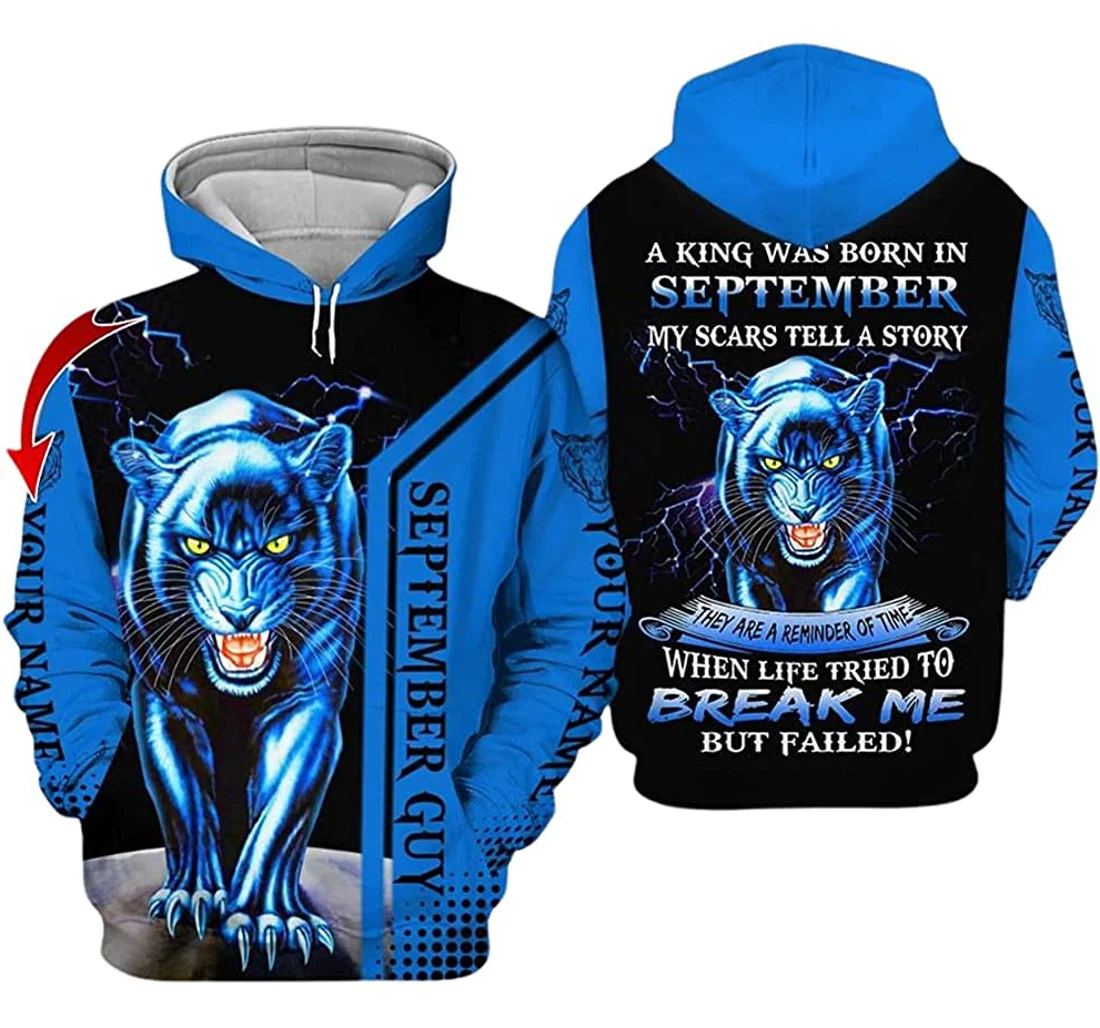 Personalized Name And Month Panther September Guy My Scars Tell A Story They Are Remider - 3D Printed Pullover Hoodie