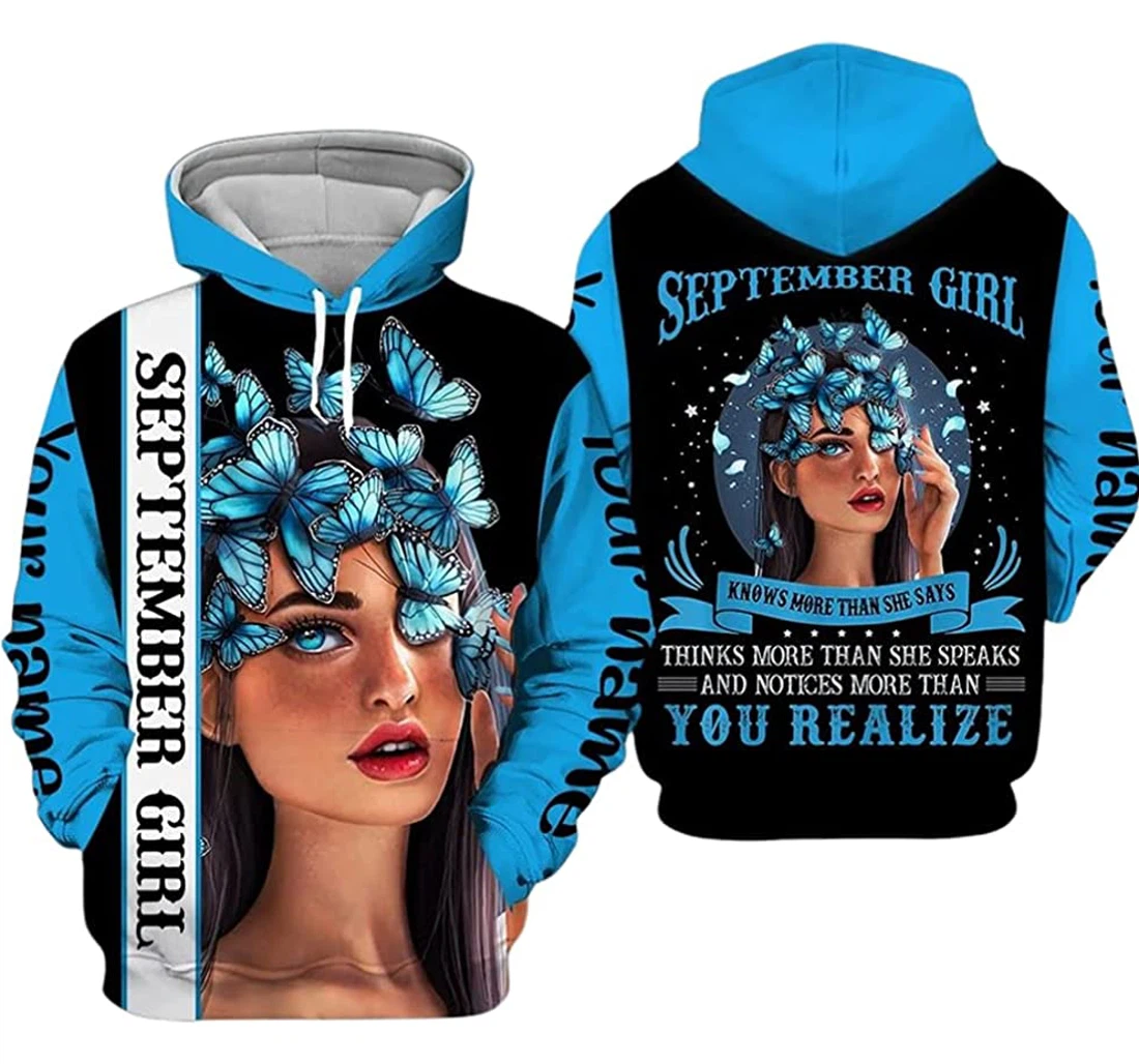 Personalized Name And Month September Girl Blue Butterfly Knows More Than She Says - 3D Printed Pullover Hoodie