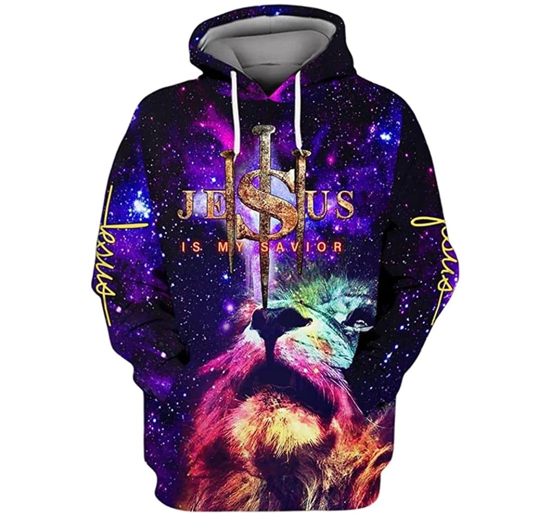 Lion Galaxy Jesus Is My Savior Included - 3D Printed Pullover Hoodie