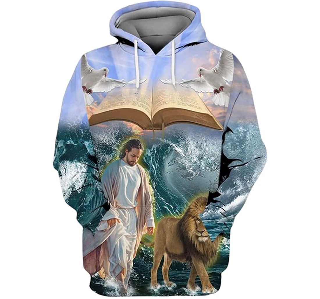 Jesus Lion Walking On The Ocean Art Included - 3D Printed Pullover Hoodie