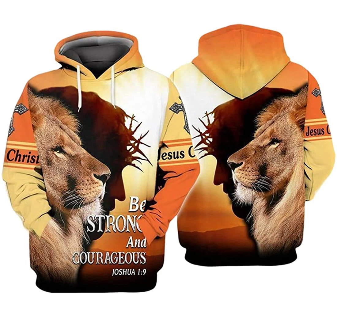 Jesus Lion Be Strong And Courageous Cross Included - 3D Printed Pullover Hoodie