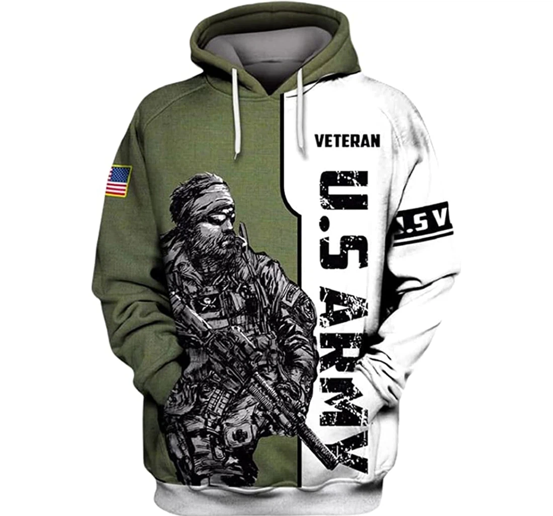 U.s Veteran Old Green N White Background America Flag Included - 3D Printed Pullover Hoodie