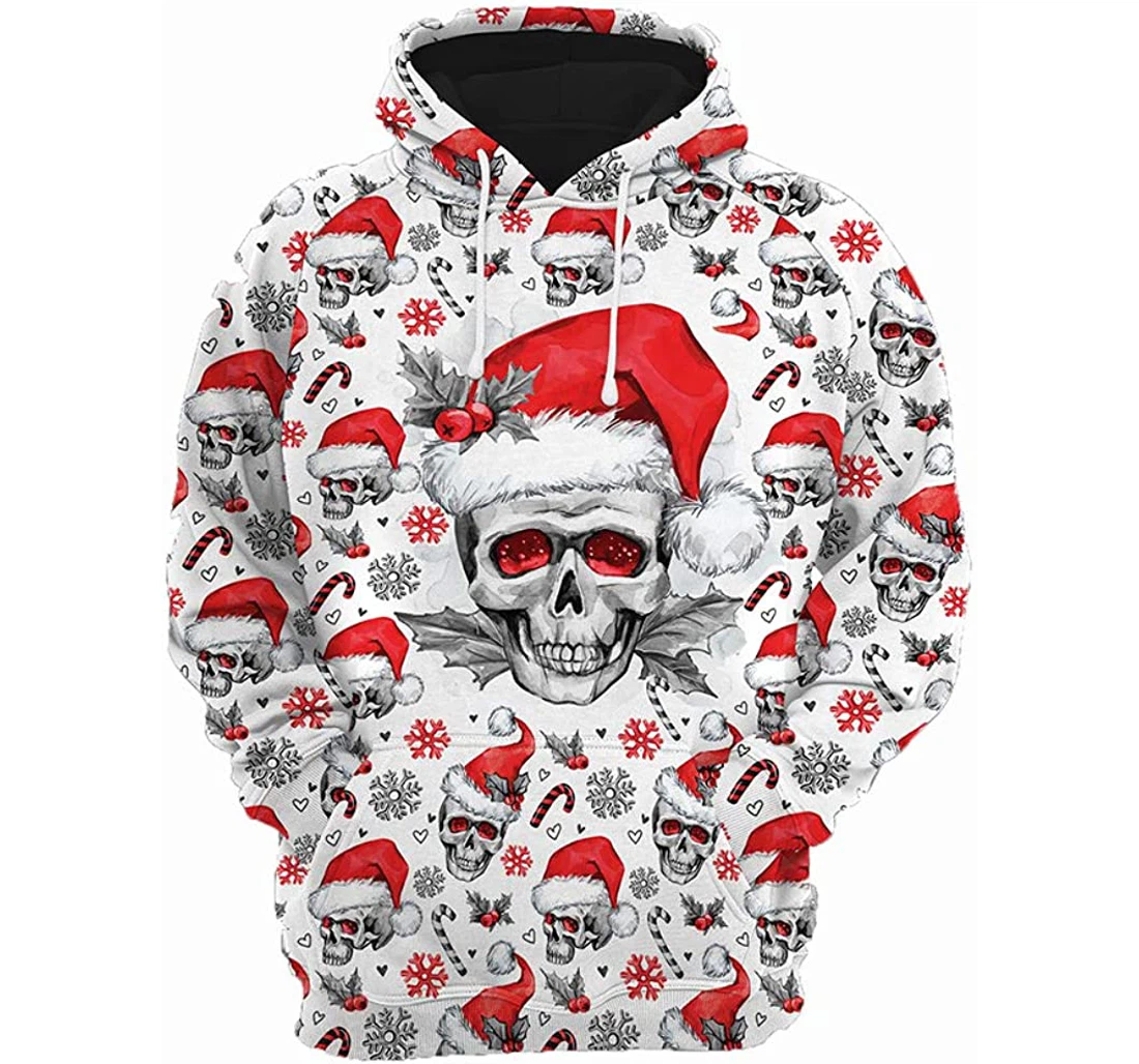 Christmas Skull Santa Hat Man And Woman - 3D Printed Pullover Hoodie