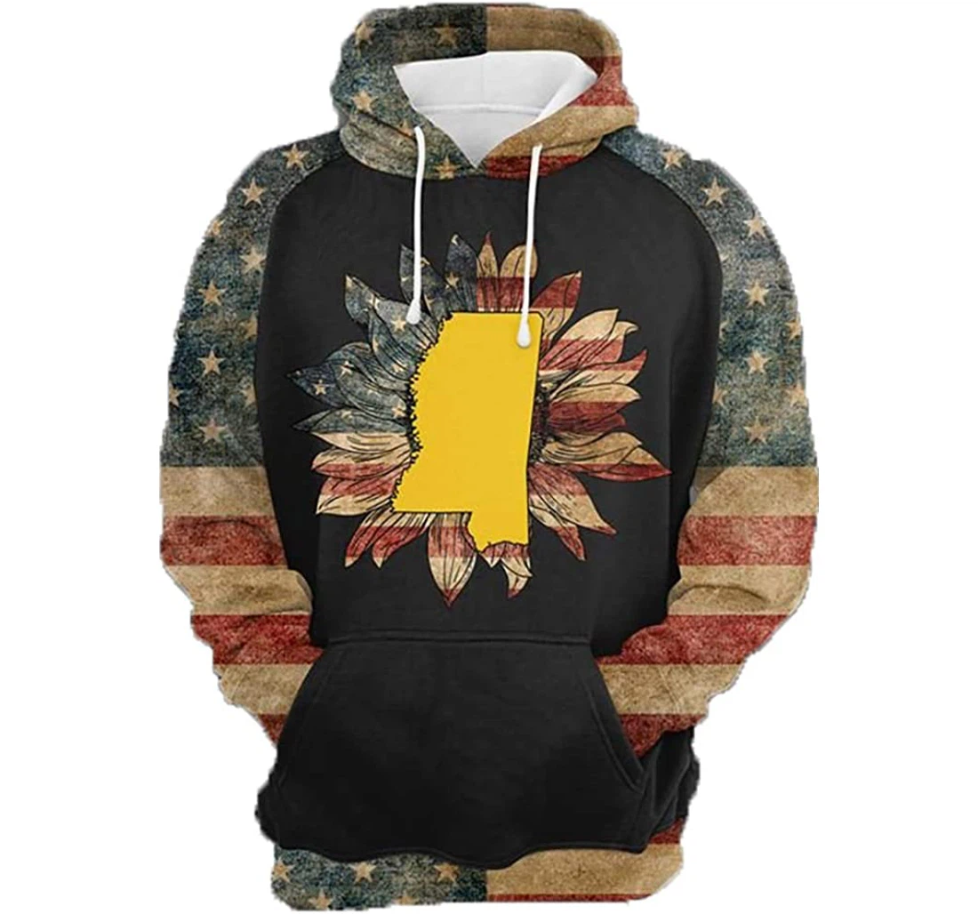 Awesome Mississippi Sunflower American Flag - 3D Printed Pullover Hoodie
