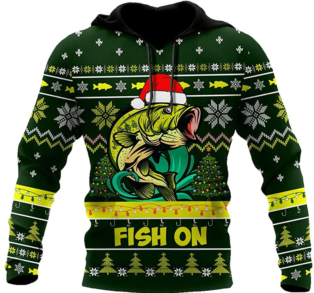 Bass Fishing Fish On Christmas Hat - 3D Printed Pullover Hoodie