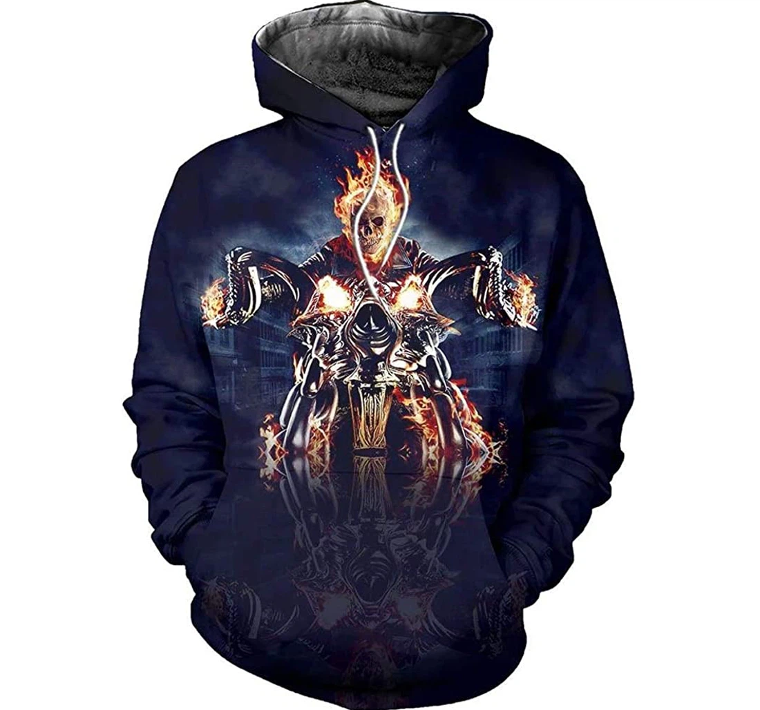 Skull Fire Rider Skull Motorcycle - 3D Printed Pullover Hoodie