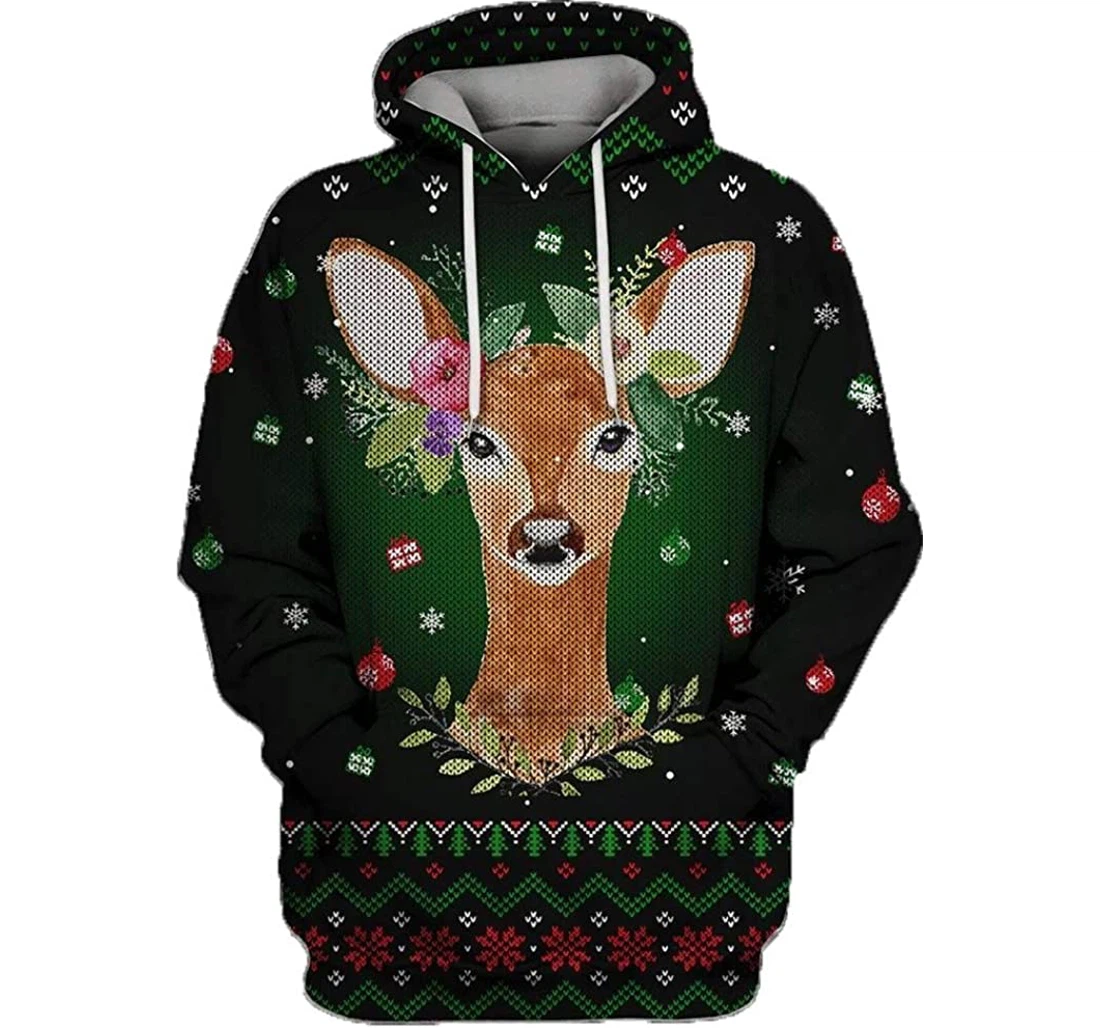 Deer Christmas Knitting Pattern Fashion - 3D Printed Pullover Hoodie
