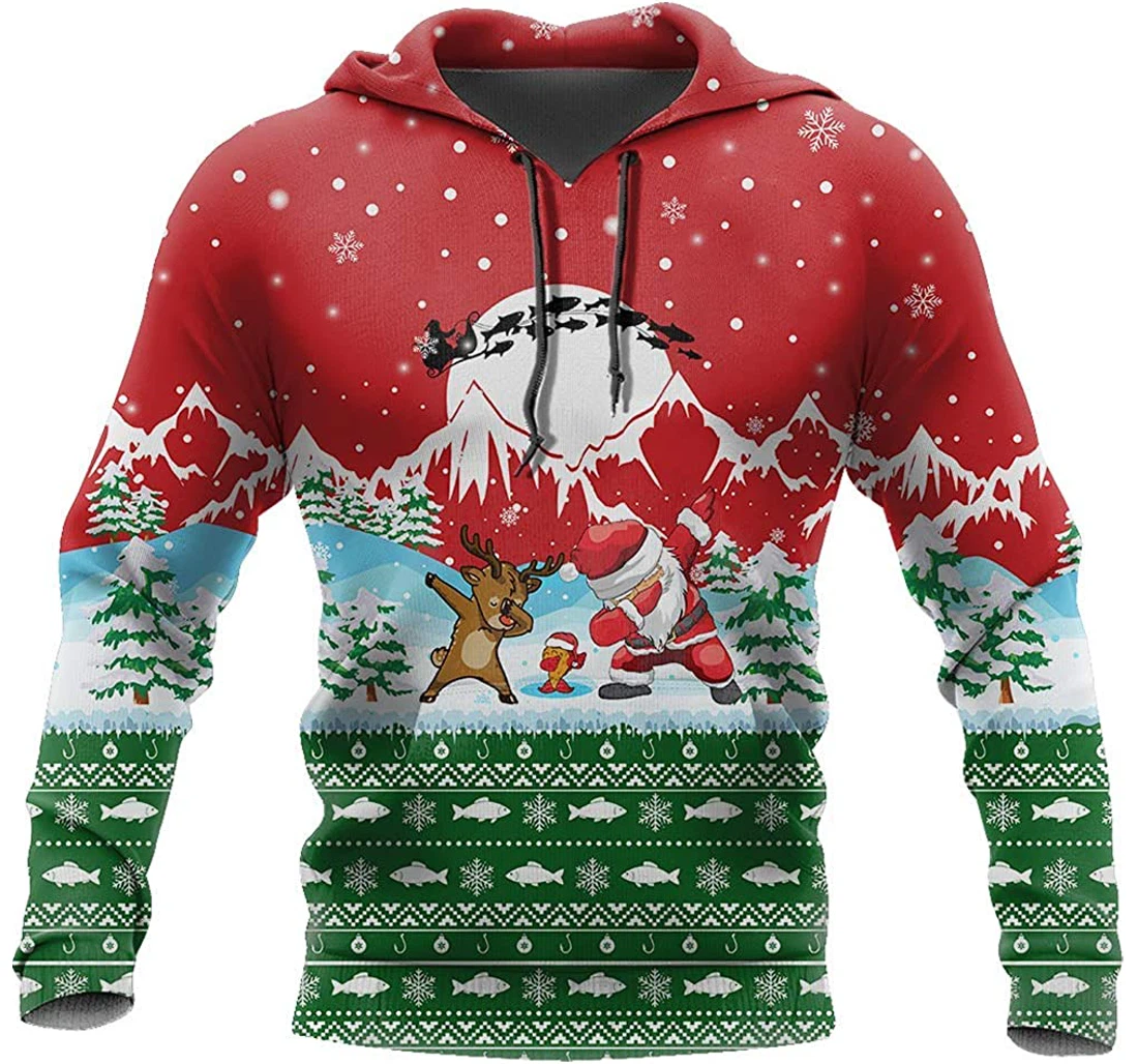 Christmas Santa Fishing Yolo - Greenred - 3D Printed Pullover Hoodie