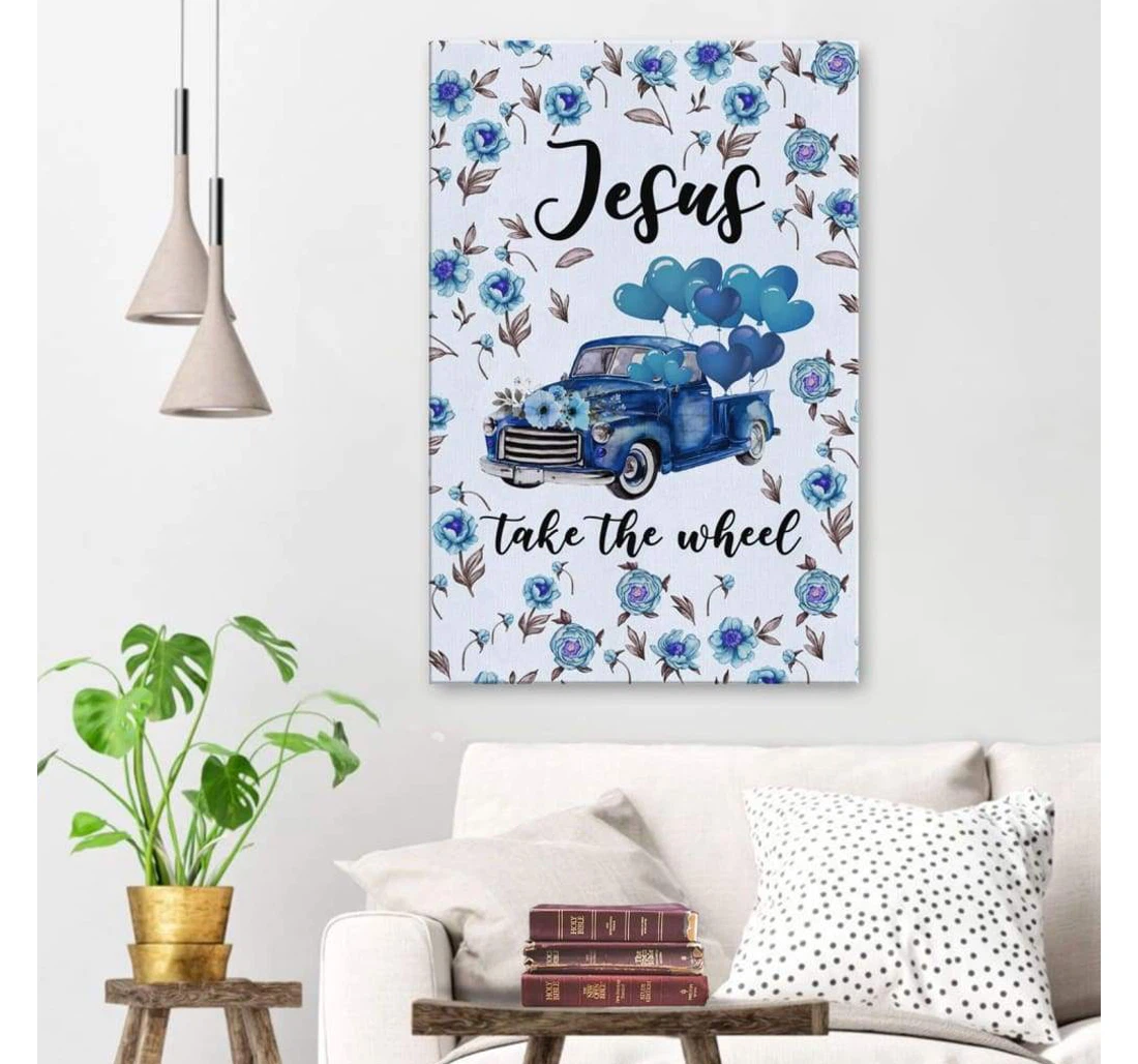 Poster, Canvas - Blue Jesus Take The Wheel Print Framed Wall Art