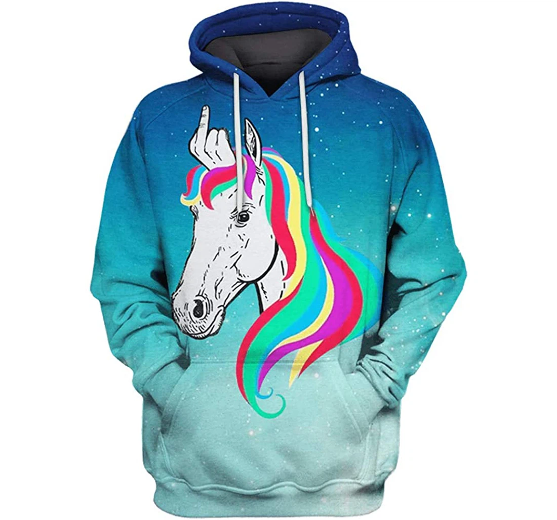 Unicorn With Middle Finger Outerspace Man And Woman - 3D Printed Pullover Hoodie