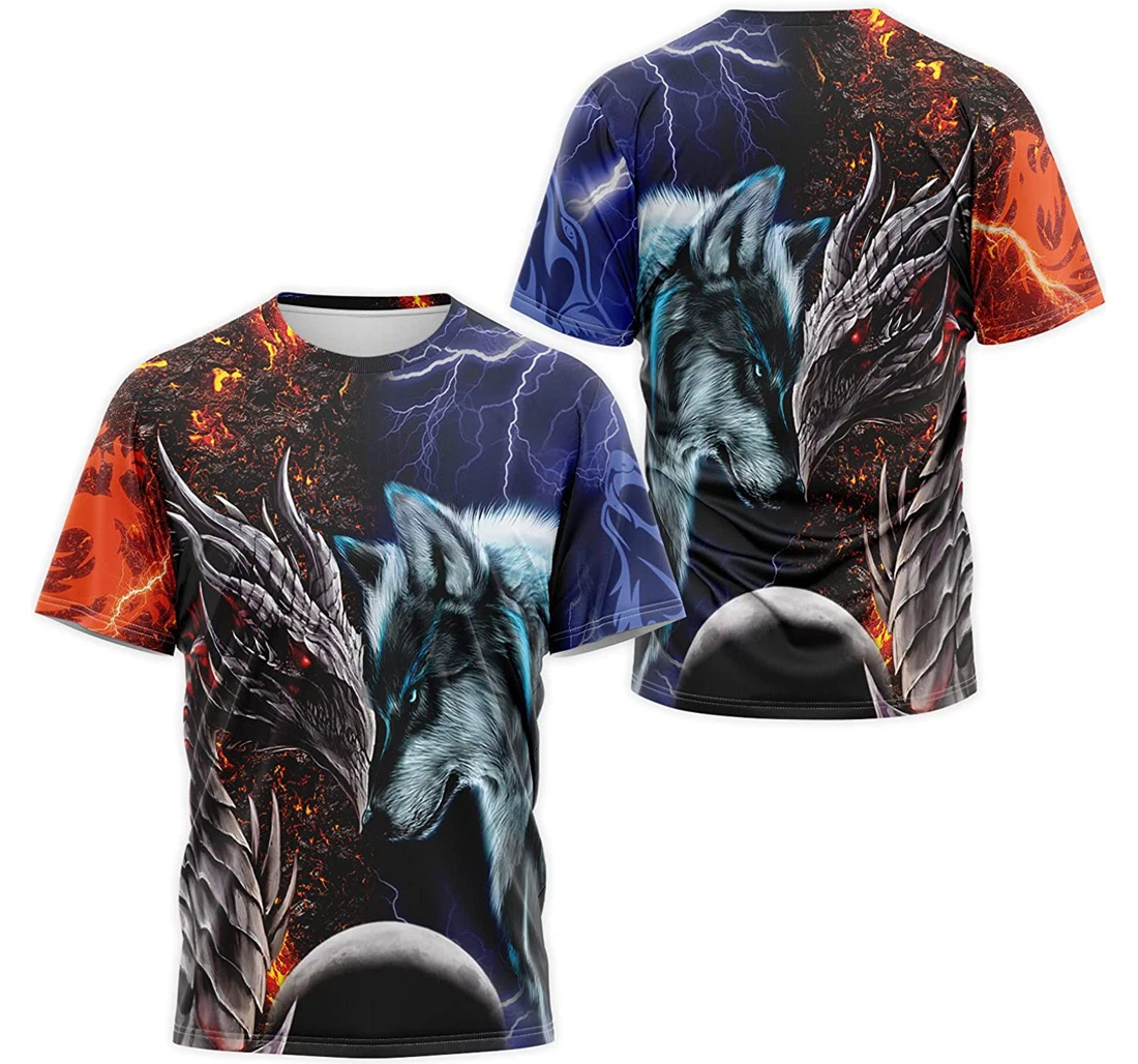 T-Shirt, Hoodie - Thunder Blue Wolf And Fire Dragon Vocalno 3D Printed