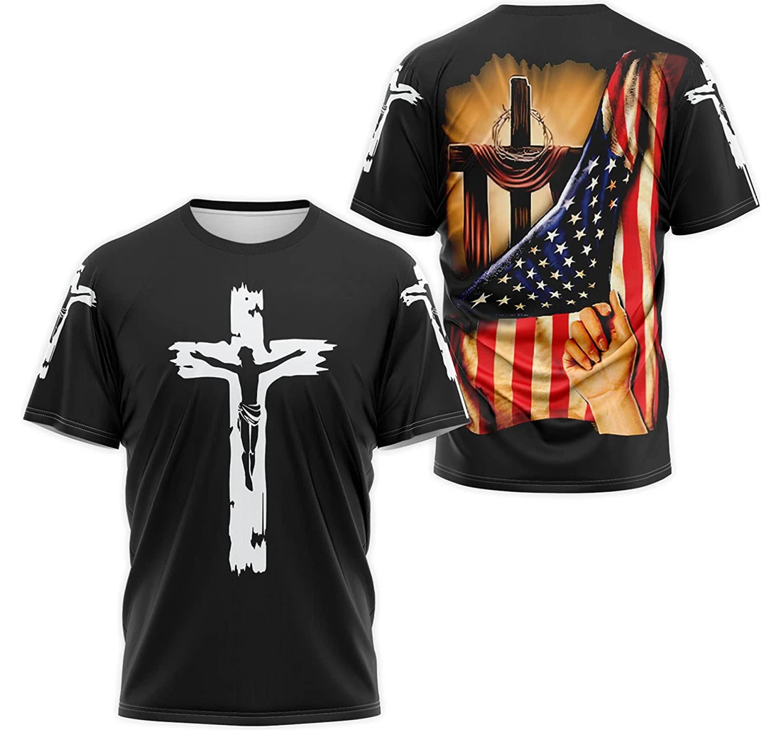 T-Shirt, Hoodie - Christian Jesus Cross American Flag 3D Printed