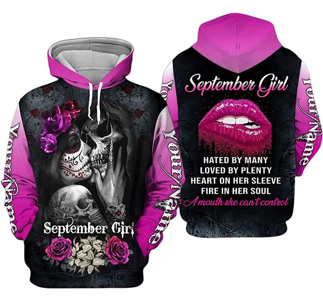 Personalized Name And Month September Girl Couple Skull Pink Lips Glitter Hated By Many Loved By Plenty - 3D Printed Pullover Hoodie