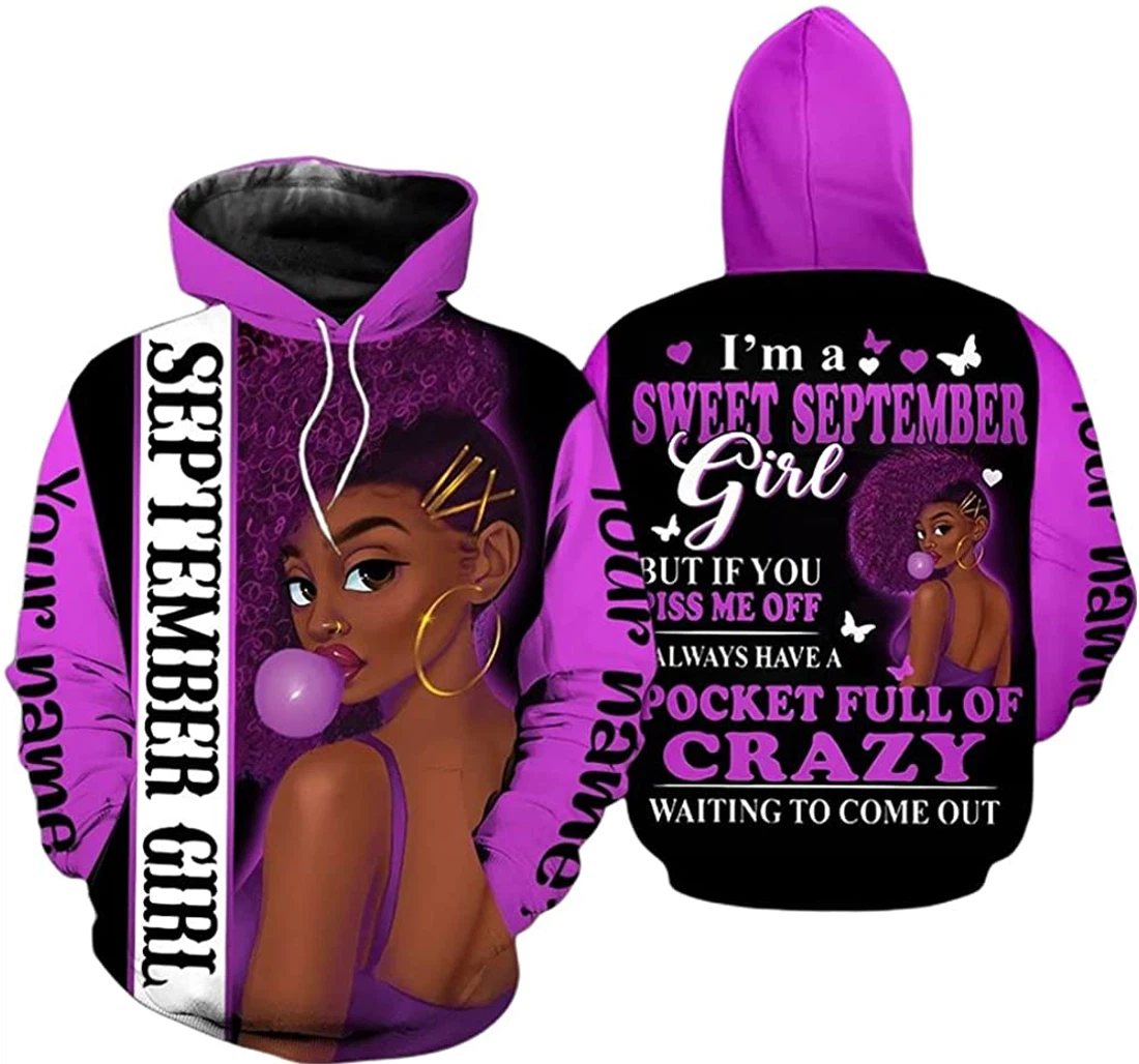 Personalized Name And Month September Girl Girl Purple Style If You Piss Me Off Always Have A Pocket Of Crazy - 3D Printed Pullover Hoodie