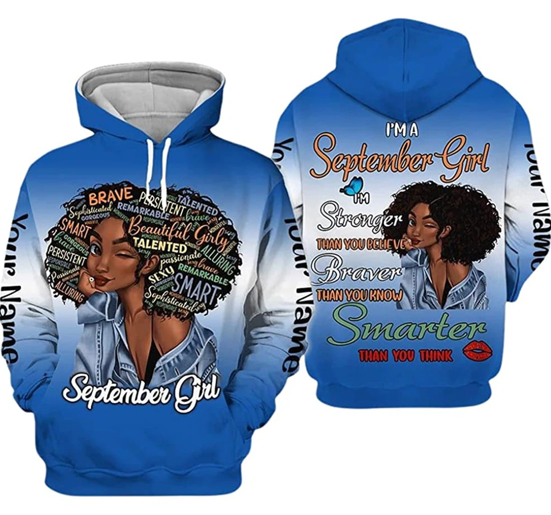Personalized Name And Month September Girl Girl Blue Background Im Stronger Than You Believe - 3D Printed Pullover Hoodie