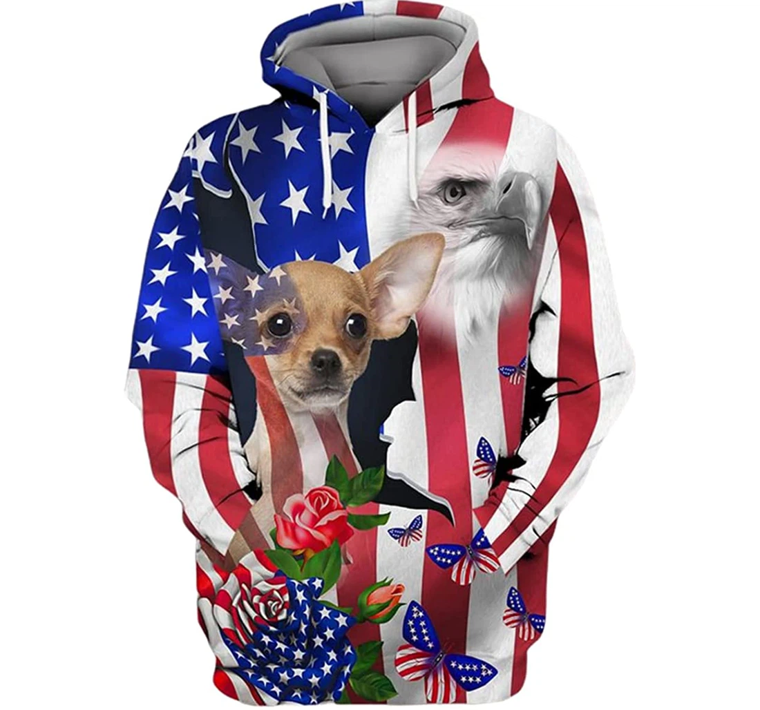 Us Patriot Chihuahua Eagle Art American Roses And Butterfly - 3D Printed T-shirt