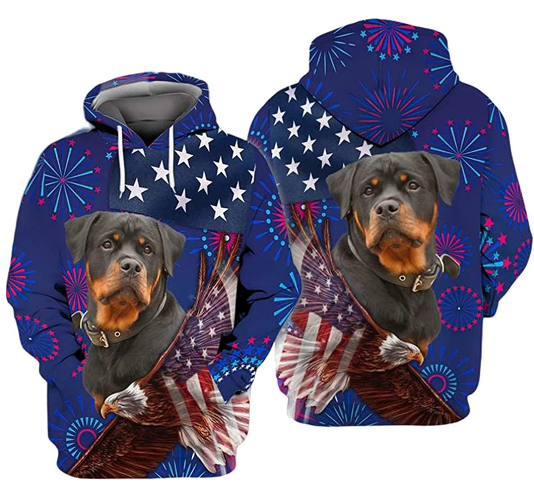 Rottweiler Eagle Flag And Fireworks Independence Day Included - 3D Printed Pullover Hoodie