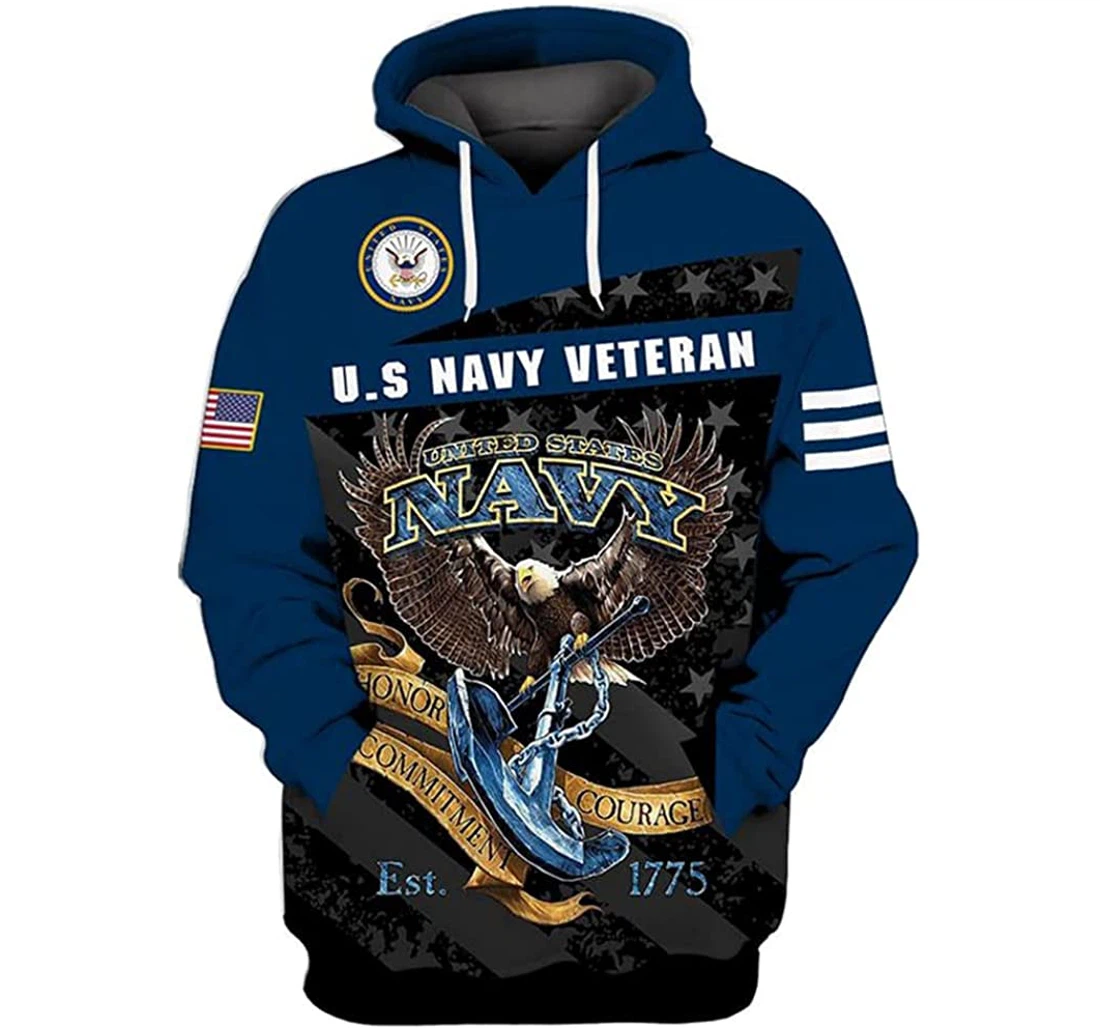 U.s Navy Veteran Blue Flag Eagle Anchor Included - 3D Printed Pullover Hoodie