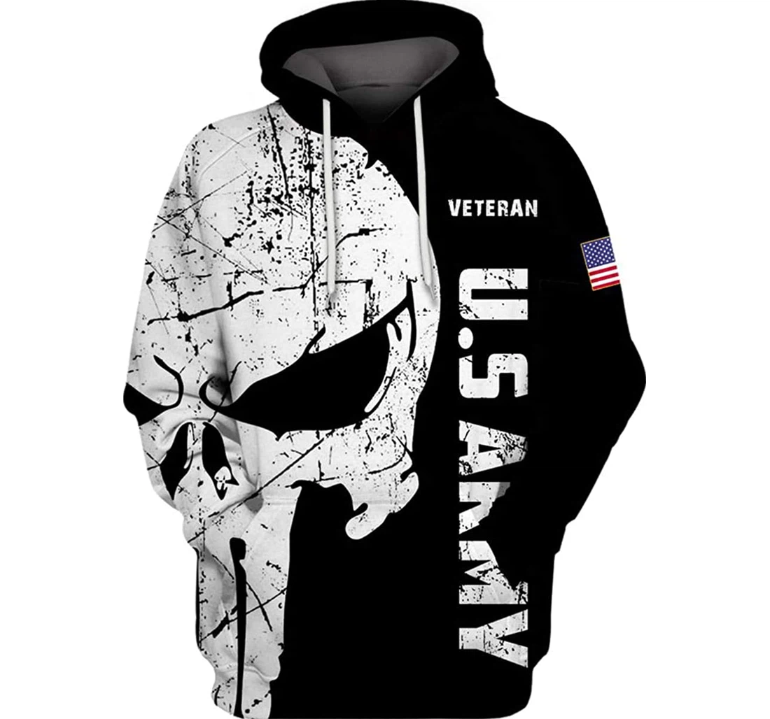 Us Army Veteran America Flag Skull N White Included - 3D Printed Pullover Hoodie