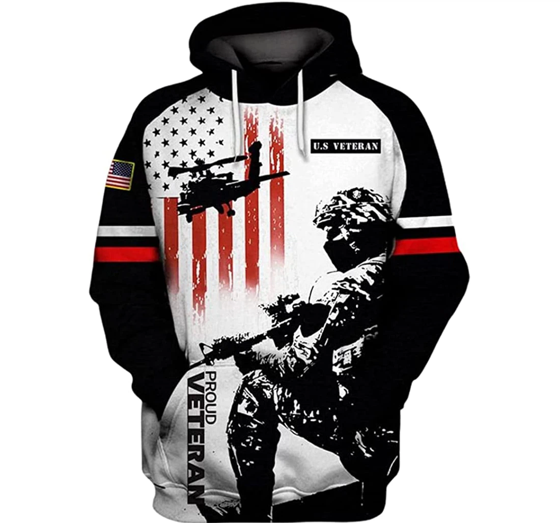 Proud U.s Veteran Flag Red Thin Line Helicopter Included - 3D Printed Pullover Hoodie