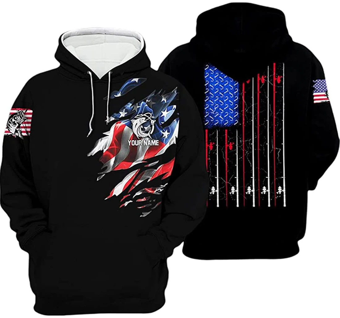 Personalized Name Fishing American Flag Torn Pattern Included - 3D Printed Pullover Hoodie