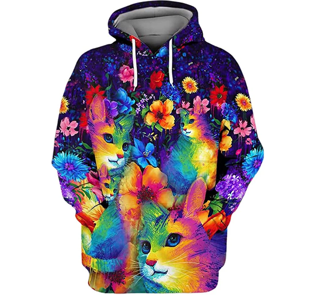 Personalized Name Floral Rainbow Cats - 3D Printed Pullover Hoodie