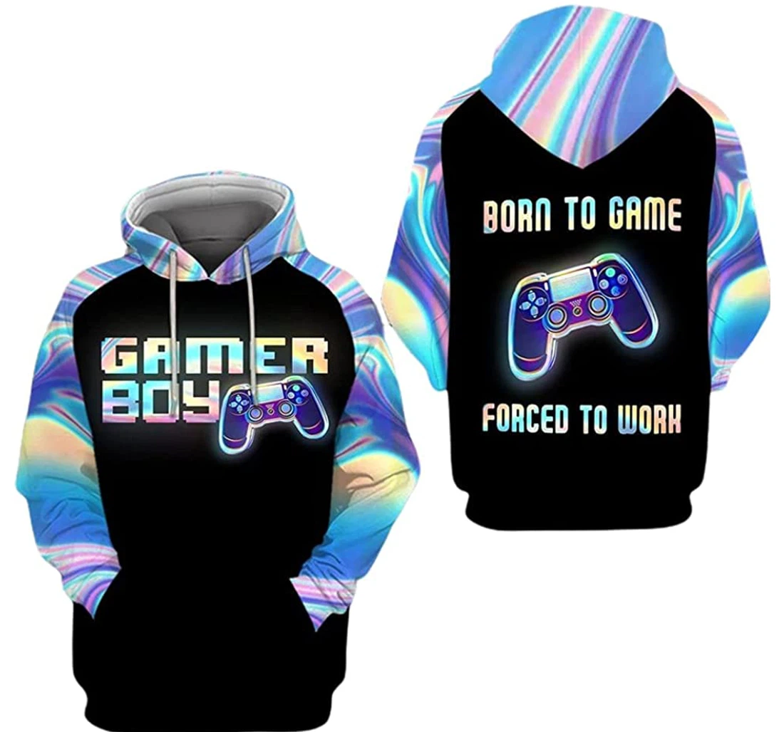 Personalized Name Gamer Boy Born To Game Forced To Work Hologram - 3D Printed Pullover Hoodie