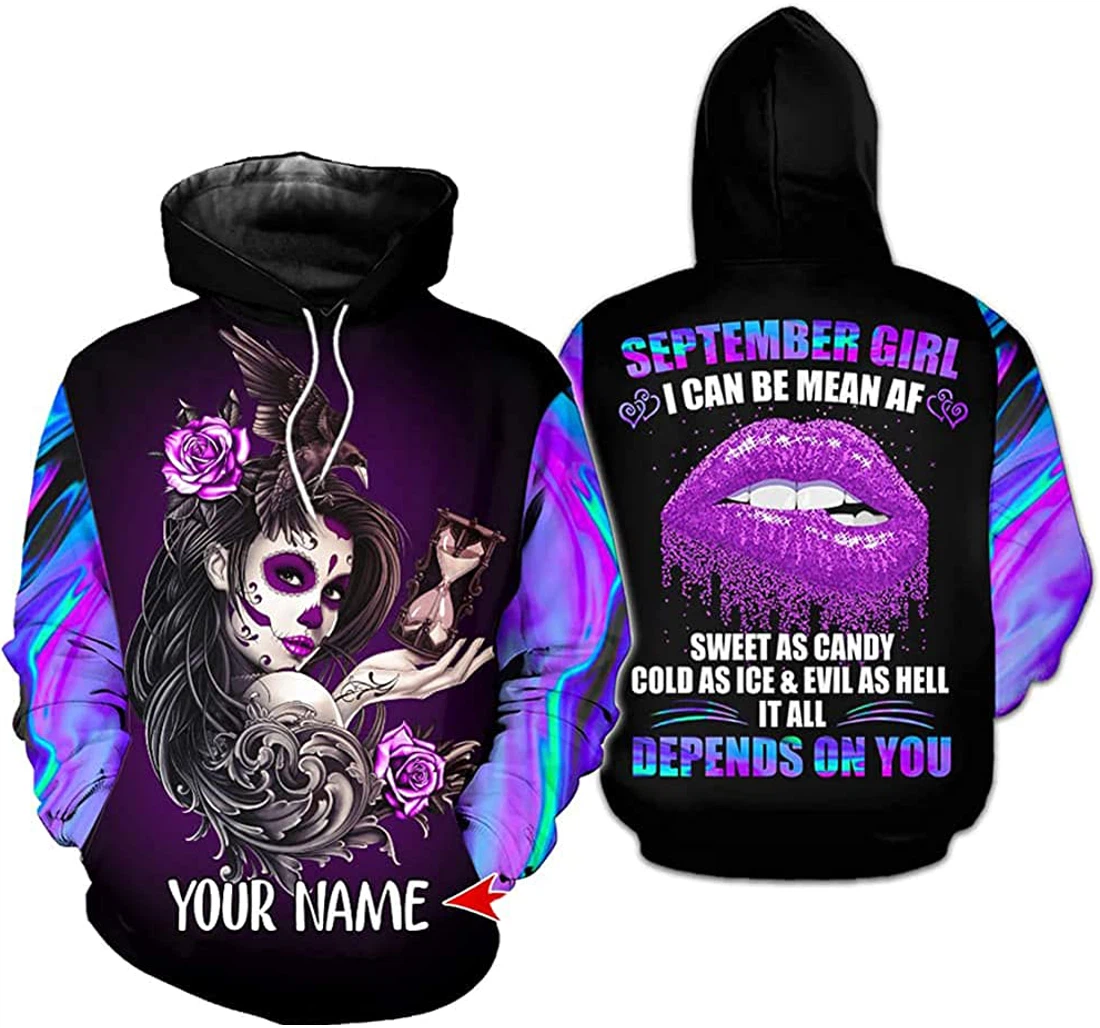 Personalized Name And Month September Girl Purple I Can Be Mean Af - 3D Printed Pullover Hoodie