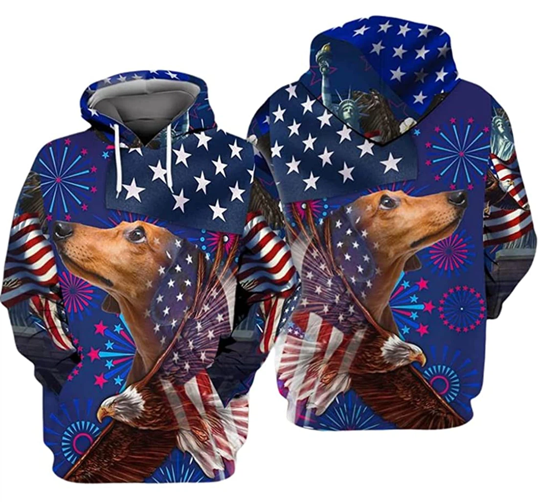 Dachshund Fireworks Independence Day Us Flag And Eagle 3 Included - 3D Printed Pullover Hoodie