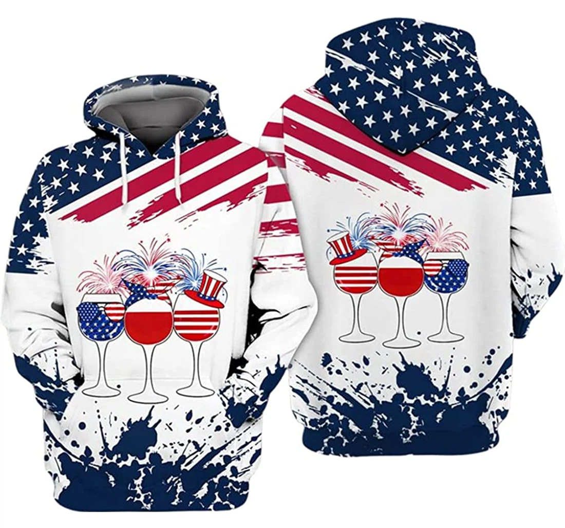 Wine Us Flag And Finework Independence Day Included - 3D Printed Pullover Hoodie